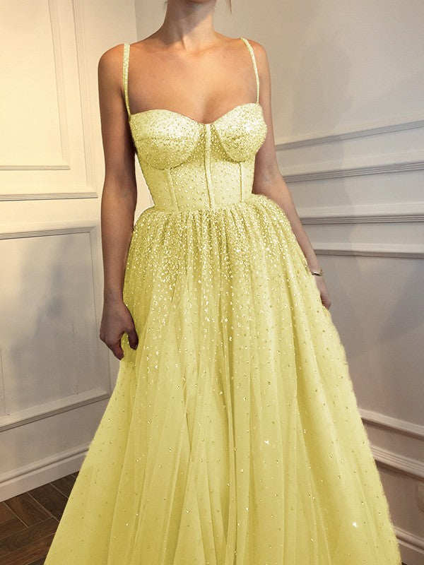 A-Line Sleeveless Spaghetti Straps Floor-Length With Beading Tulle Prom Dress