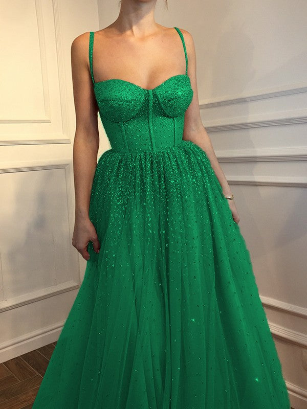 A-Line Sleeveless Spaghetti Straps Floor-Length With Beading Tulle Prom Dress