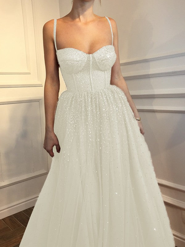 A-Line Sleeveless Spaghetti Straps Floor-Length With Beading Tulle Prom Dress