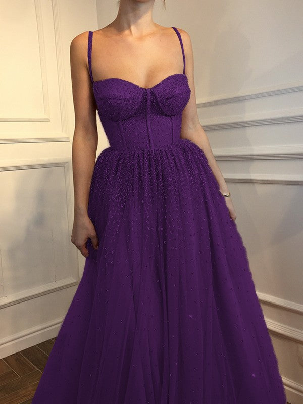 A-Line Sleeveless Spaghetti Straps Floor-Length With Beading Tulle Prom Dress