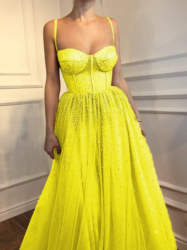 A-Line Sleeveless Spaghetti Straps Floor-Length With Beading Tulle Prom Dress