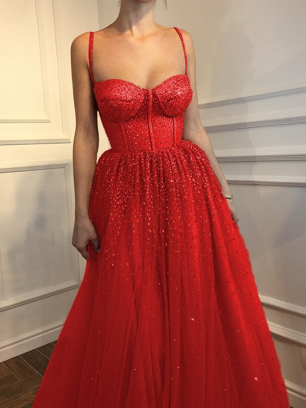 A-Line Sleeveless Spaghetti Straps Floor-Length With Beading Tulle Prom Dress