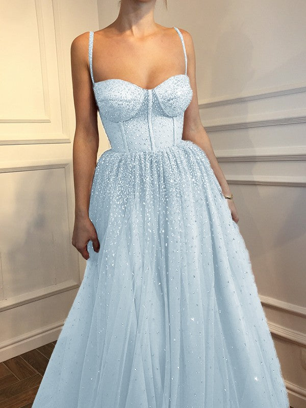 A-Line Sleeveless Spaghetti Straps Floor-Length With Beading Tulle Prom Dress