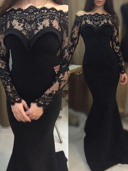 Mermaid Long Sleeves Off-the-Shoulder Sweep/Brush Train Lace Elastic Woven Satin Prom Dress