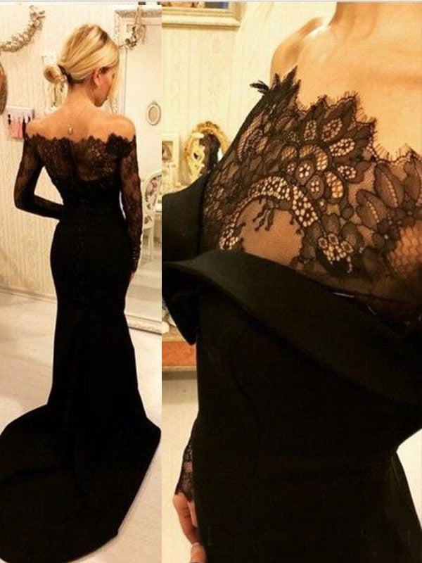 Mermaid Long Sleeves Off-the-Shoulder Sweep/Brush Train Lace Elastic Woven Satin Prom Dress