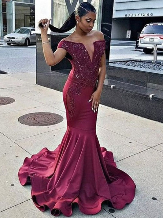 Mermaid Sleeveless Off-the-Shoulder Sweep/Brush Train Lace Satin Prom Dress