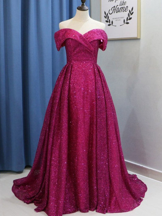 Ball Gown Sleeveless Off-the-Shoulder Sweep/Brush Train With Ruffles Sequins Prom Dress