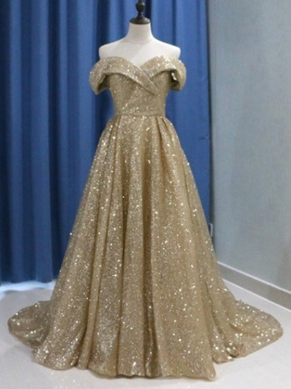 Ball Gown Sleeveless Off-the-Shoulder Sweep/Brush Train With Ruffles Sequins Prom Dress