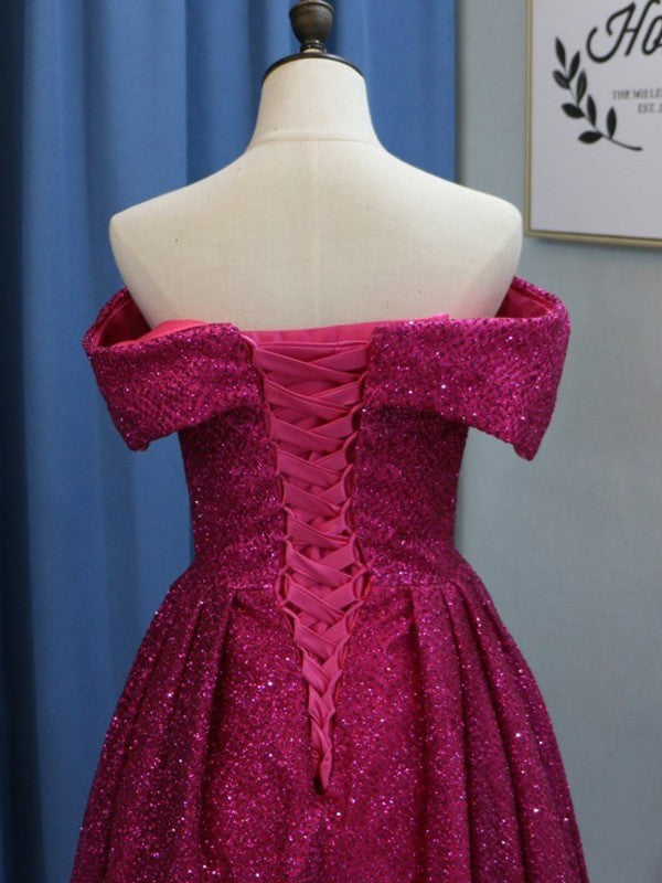 Ball Gown Sleeveless Off-the-Shoulder Sweep/Brush Train With Ruffles Sequins Prom Dress