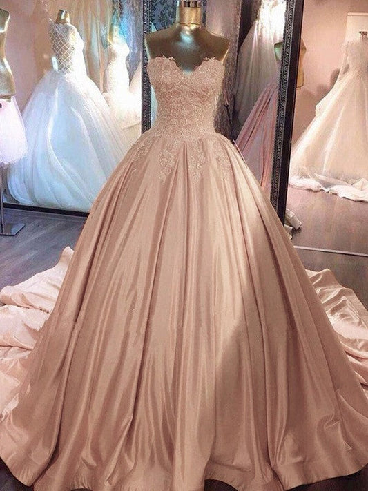 Ball Gown Sleeveless Sweetheart Court Train Lace Satin Prom Dress