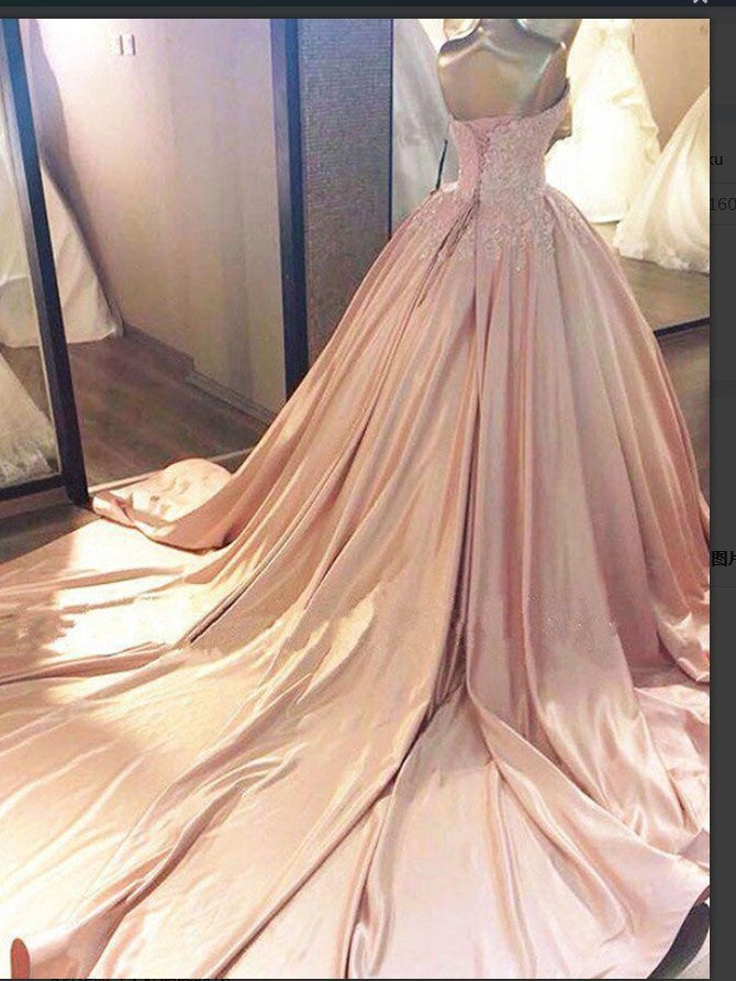 Ball Gown Sleeveless Sweetheart Court Train Lace Satin Prom Dress