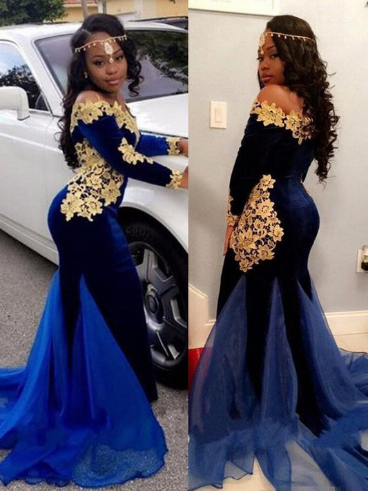 Mermaid Long Sleeves Off-the-Shoulder Sweep/Brush Train With Applique Velvet Prom Dress