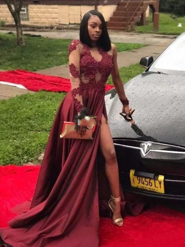 A-Line Long Sleeves V-neck Sweep/Brush Train With Applique Satin Prom Dress