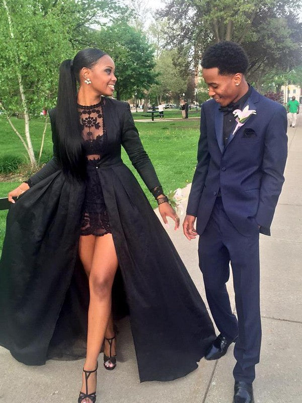 A-Line Long Sleeves Jewel Floor-Length Lace Satin Prom Dress