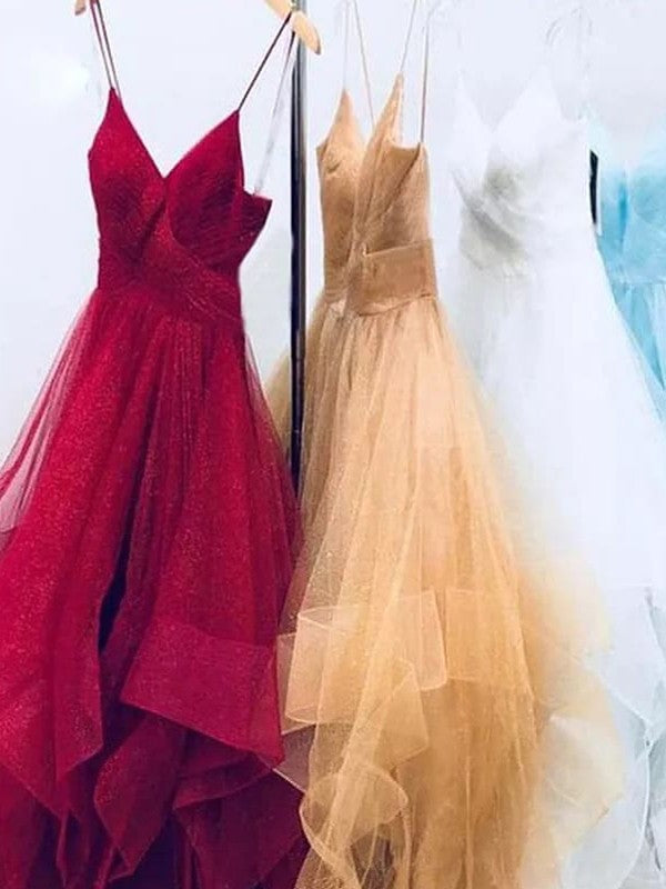 A-Line Sleeveless Spaghetti Straps Floor-Length Ruffles Prom Dress