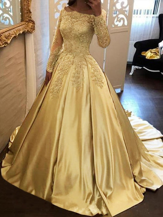 Ball Gown Long Sleeves Off-the-Shoulder Floor-Length With Applique Satin Prom Dress