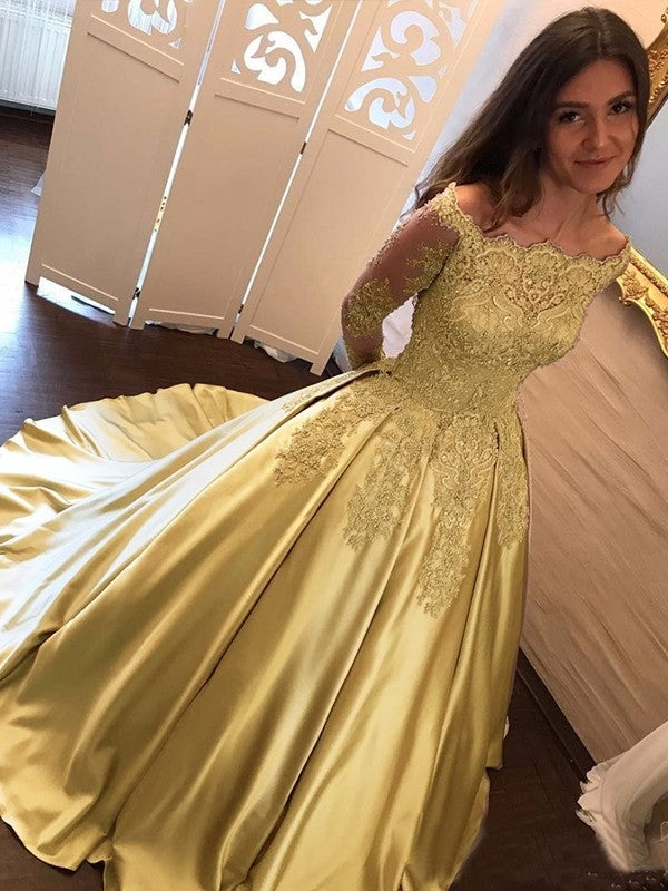 Ball Gown Long Sleeves Off-the-Shoulder Floor-Length With Applique Satin Prom Dress