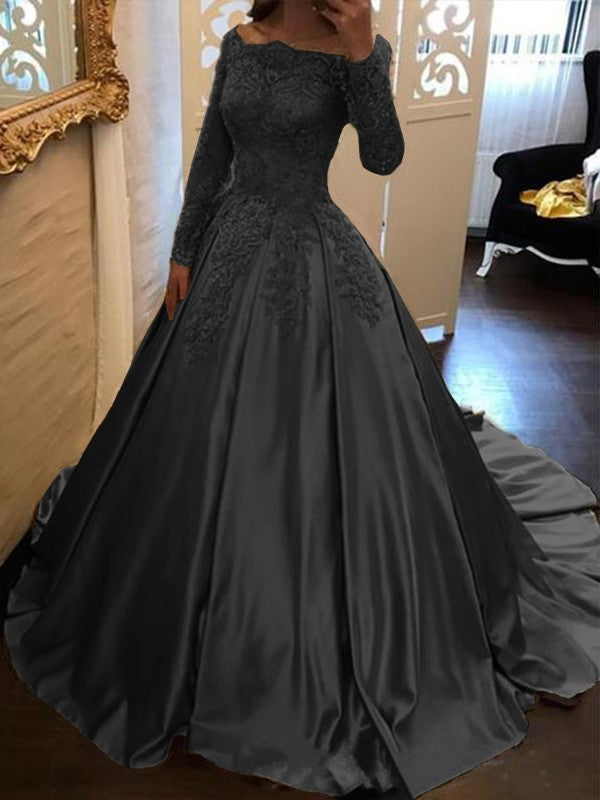 Ball Gown Long Sleeves Off-the-Shoulder Floor-Length With Applique Satin Prom Dress