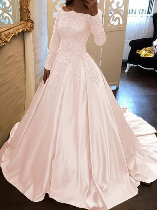 Ball Gown Long Sleeves Off-the-Shoulder Floor-Length With Applique Satin Prom Dress