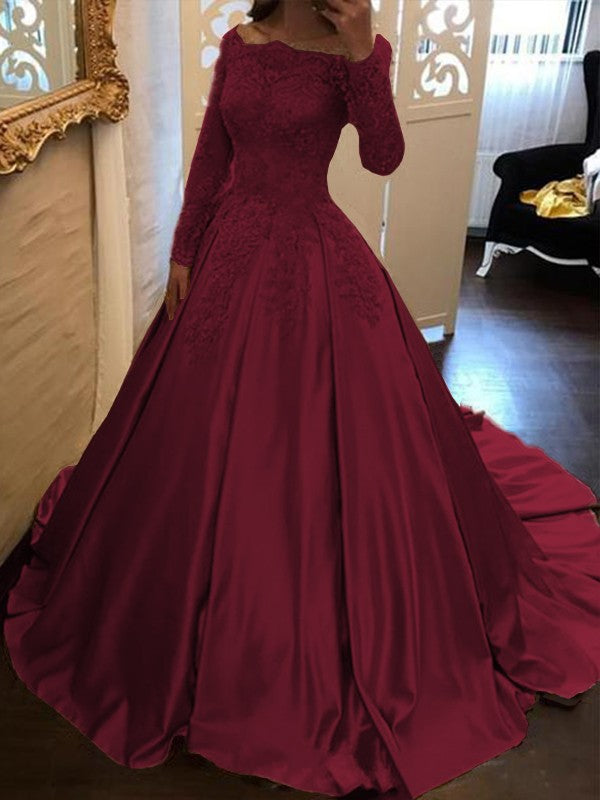 Ball Gown Long Sleeves Off-the-Shoulder Floor-Length With Applique Satin Prom Dress