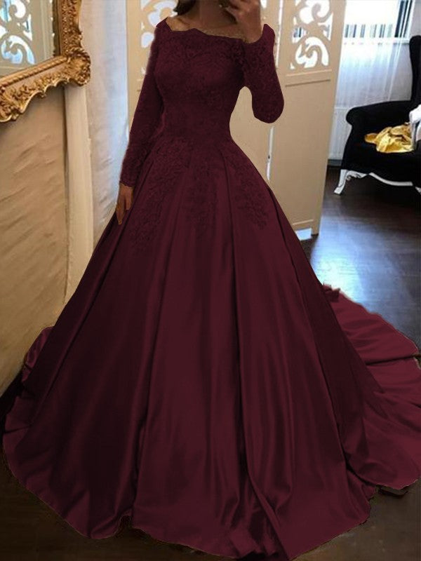 Ball Gown Long Sleeves Off-the-Shoulder Floor-Length With Applique Satin Prom Dress