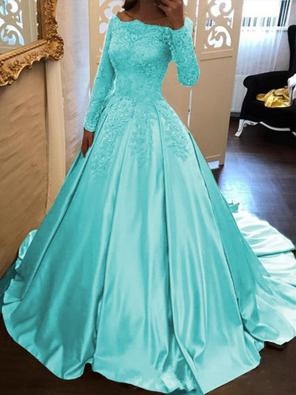 Ball Gown Long Sleeves Off-the-Shoulder Floor-Length With Applique Satin Prom Dress