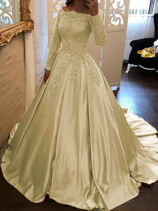 Ball Gown Long Sleeves Off-the-Shoulder Floor-Length With Applique Satin Prom Dress