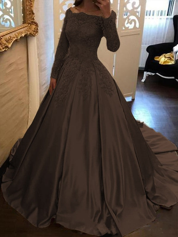Ball Gown Long Sleeves Off-the-Shoulder Floor-Length With Applique Satin Prom Dress