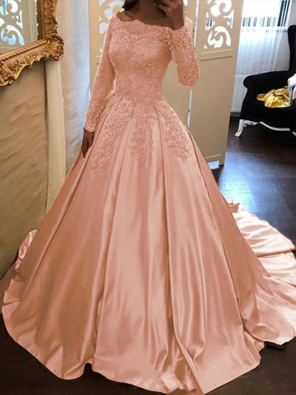 Ball Gown Long Sleeves Off-the-Shoulder Floor-Length With Applique Satin Prom Dress