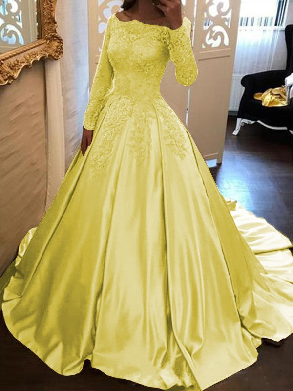 Ball Gown Long Sleeves Off-the-Shoulder Floor-Length With Applique Satin Prom Dress