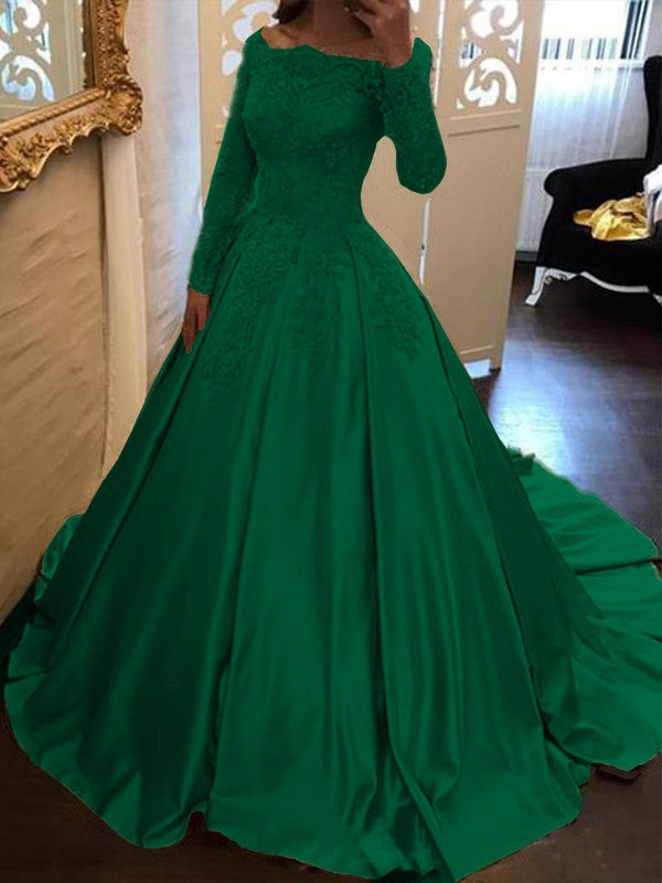 Ball Gown Long Sleeves Off-the-Shoulder Floor-Length With Applique Satin Prom Dress