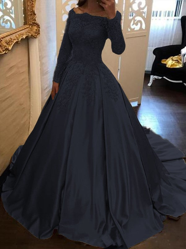 Ball Gown Long Sleeves Off-the-Shoulder Floor-Length With Applique Satin Prom Dress
