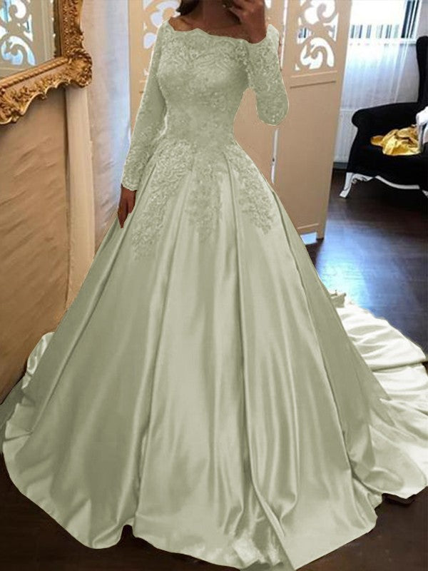 Ball Gown Long Sleeves Off-the-Shoulder Floor-Length With Applique Satin Prom Dress