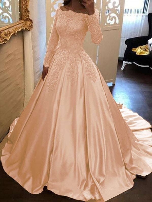 Ball Gown Long Sleeves Off-the-Shoulder Floor-Length With Applique Satin Prom Dress