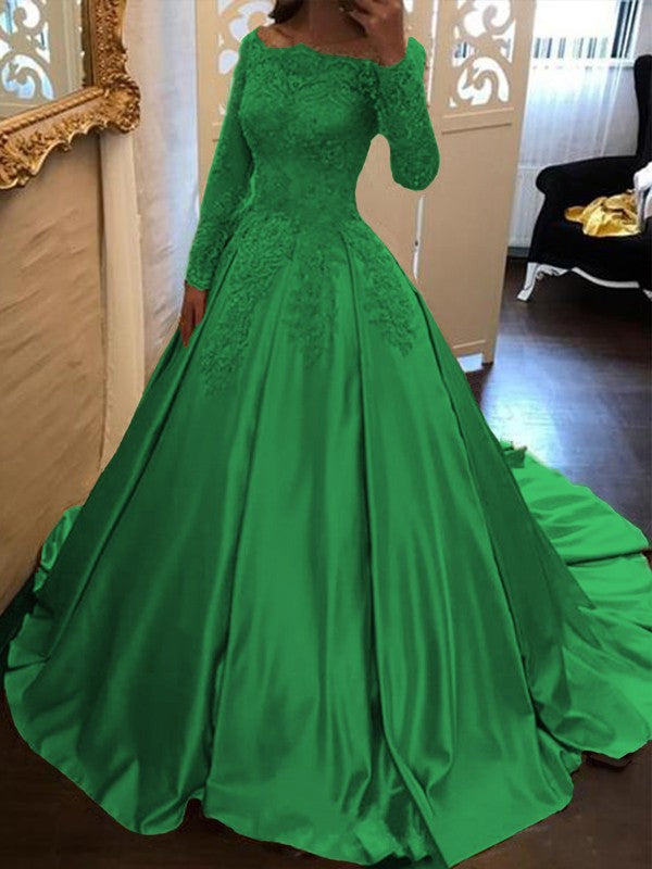 Ball Gown Long Sleeves Off-the-Shoulder Floor-Length With Applique Satin Prom Dress