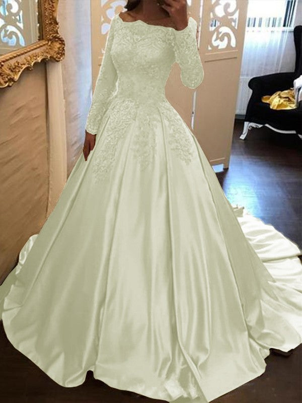 Ball Gown Long Sleeves Off-the-Shoulder Floor-Length With Applique Satin Prom Dress