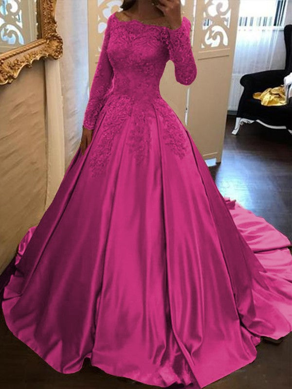 Ball Gown Long Sleeves Off-the-Shoulder Floor-Length With Applique Satin Prom Dress