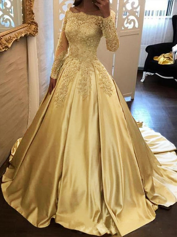 Ball Gown Long Sleeves Off-the-Shoulder Floor-Length With Applique Satin Prom Dress