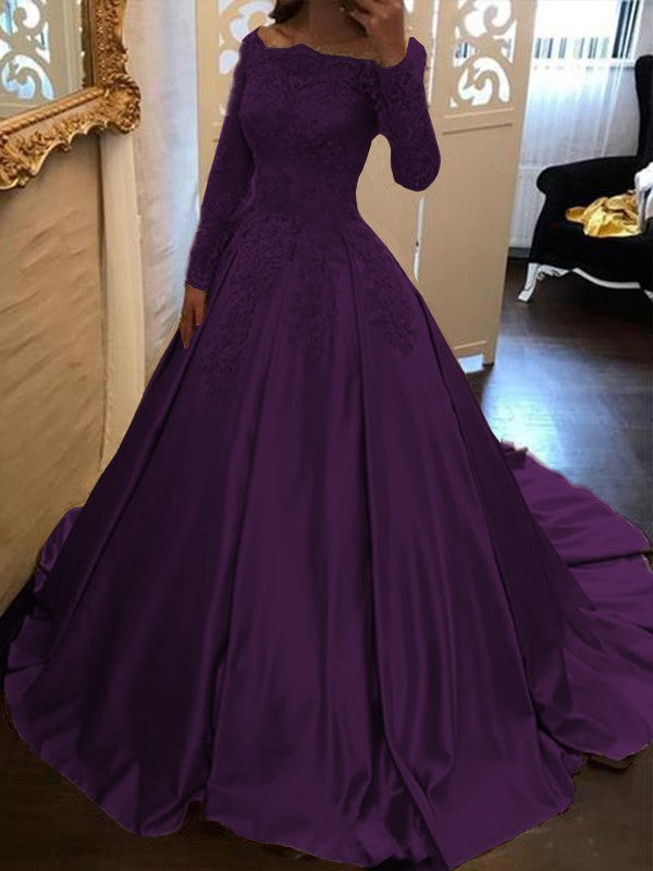 Ball Gown Long Sleeves Off-the-Shoulder Floor-Length With Applique Satin Prom Dress