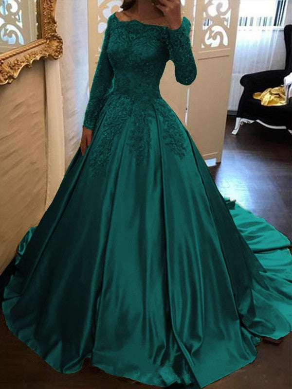 Ball Gown Long Sleeves Off-the-Shoulder Floor-Length With Applique Satin Prom Dress