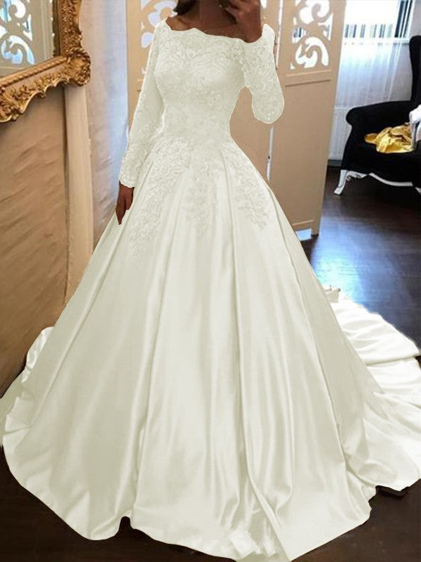 Ball Gown Long Sleeves Off-the-Shoulder Floor-Length With Applique Satin Prom Dress