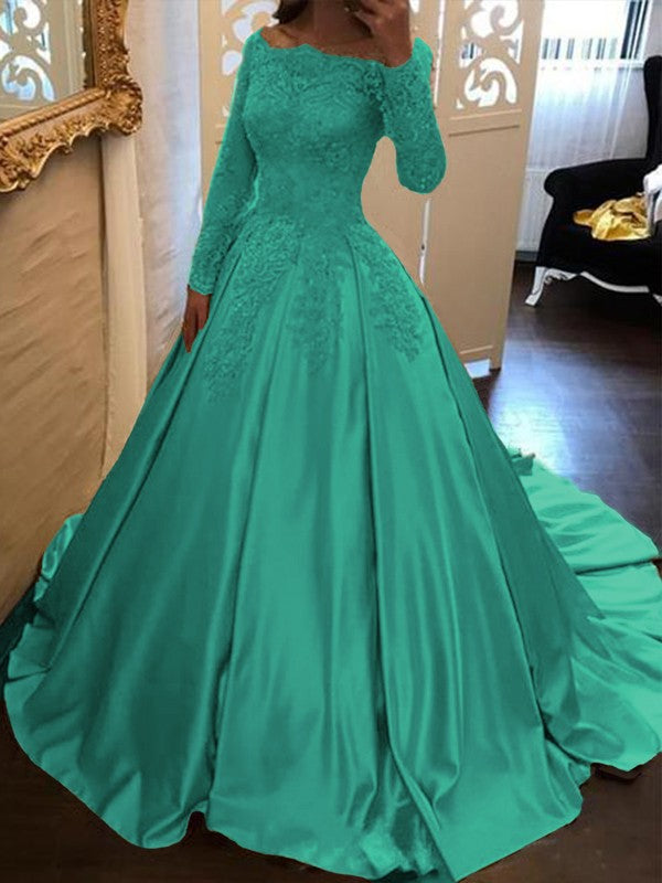 Ball Gown Long Sleeves Off-the-Shoulder Floor-Length With Applique Satin Prom Dress