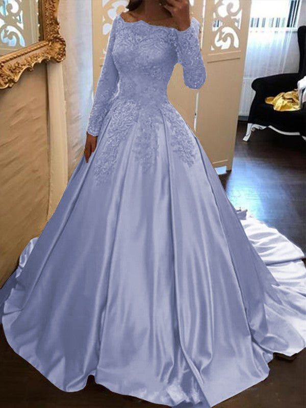 Ball Gown Long Sleeves Off-the-Shoulder Floor-Length With Applique Satin Prom Dress