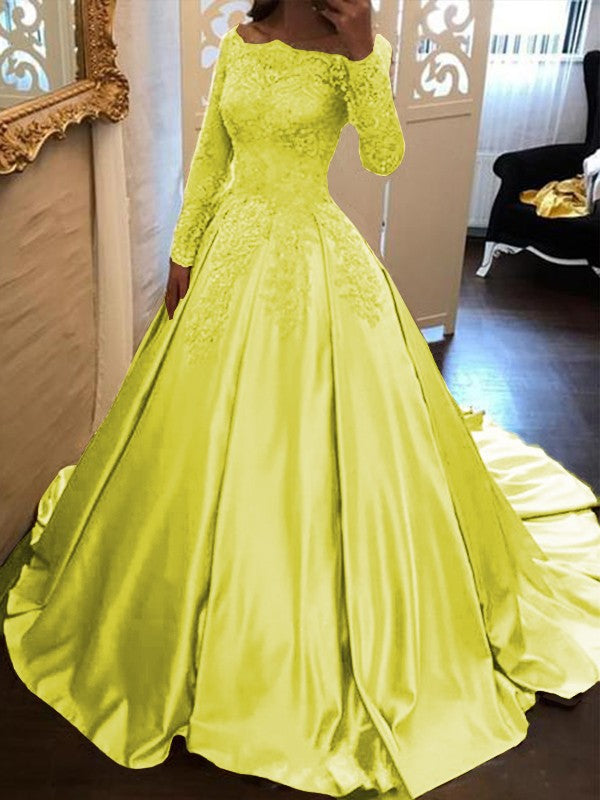 Ball Gown Long Sleeves Off-the-Shoulder Floor-Length With Applique Satin Prom Dress