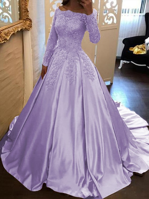 Ball Gown Long Sleeves Off-the-Shoulder Floor-Length With Applique Satin Prom Dress