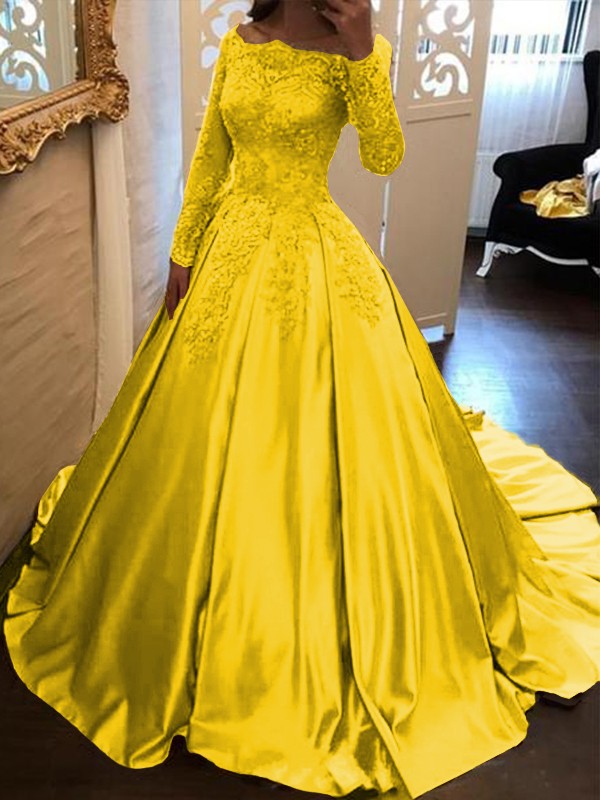 Ball Gown Long Sleeves Off-the-Shoulder Floor-Length With Applique Satin Prom Dress