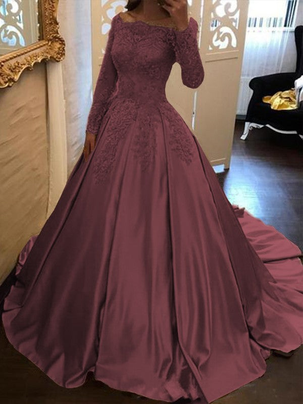 Ball Gown Long Sleeves Off-the-Shoulder Floor-Length With Applique Satin Prom Dress