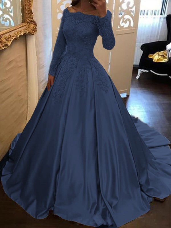 Ball Gown Long Sleeves Off-the-Shoulder Floor-Length With Applique Satin Prom Dress