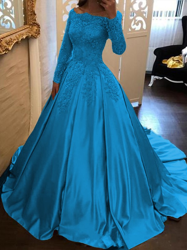 Ball Gown Long Sleeves Off-the-Shoulder Floor-Length With Applique Satin Prom Dress