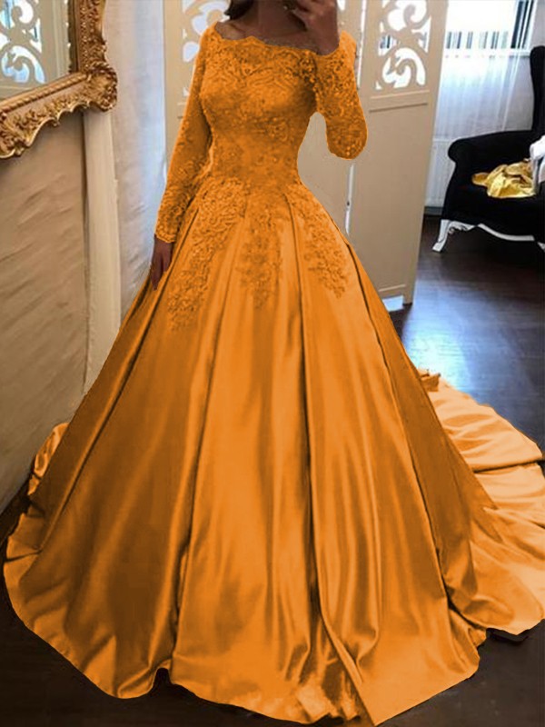 Ball Gown Long Sleeves Off-the-Shoulder Floor-Length With Applique Satin Prom Dress